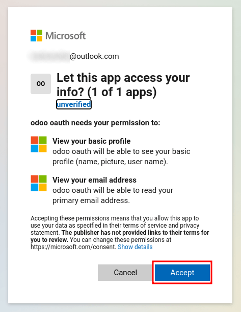アカウント情報権限アクセスに関する Microsoftの条件に同意します。