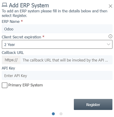 ETAポータルへのERPシステム登録フォームの入力。