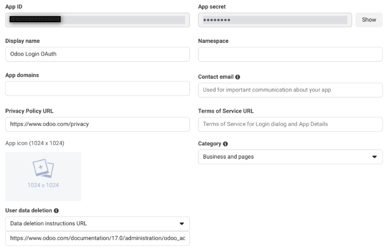 Meta for developersプラットフォームの基本設定ページの例