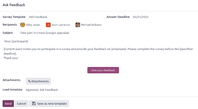 The email pop-up when requesting feedback from other employees.