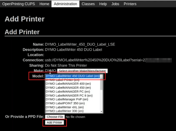 OpenPrinting CUPSコンソールでモデル付きモデル画面を選択し、ハイライトされているプリンタを 追加します。