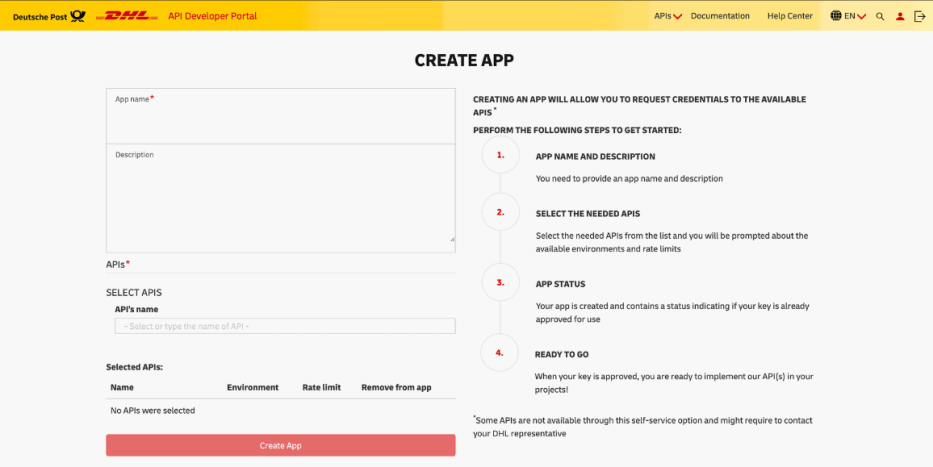 DHLアカウントを作成するための設定