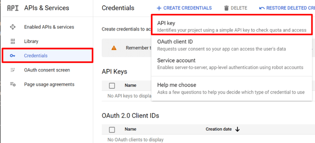 Google Cloud Platform の API & Services ページ。