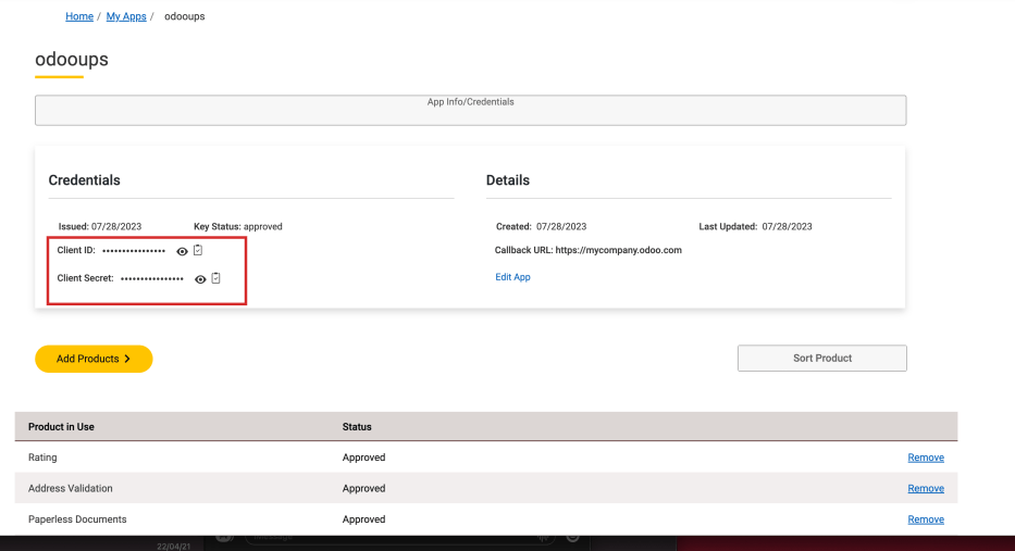 "クライアントID"と"クライアントシークレット"キーを表示します。