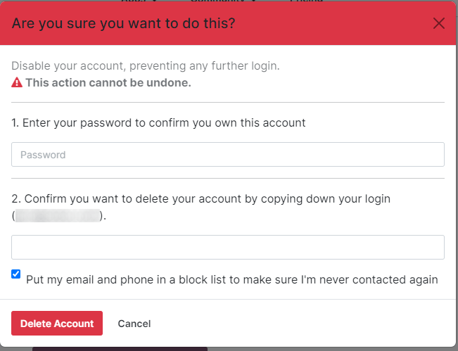 アカウントの削除ボタンをクリックすると、変更を検証するウィンドウが表示されます。