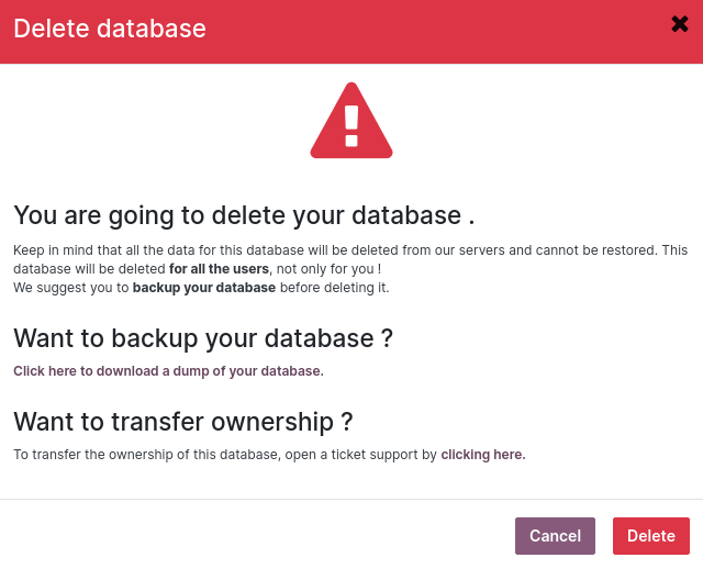 データベースを削除する前に表示される警告メッセージ