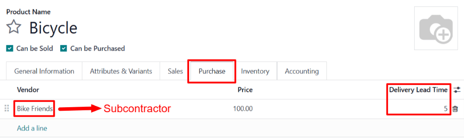 プロダクトページの購買タブにある外注先の配送リードタイムフィールド。