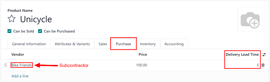 プロダクトページの購買タブにある外注先の配送リードタイムフィールド。