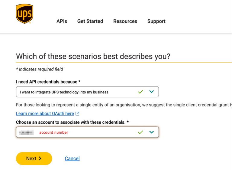 UPSアカウント番号を記入するフォームを表示します。