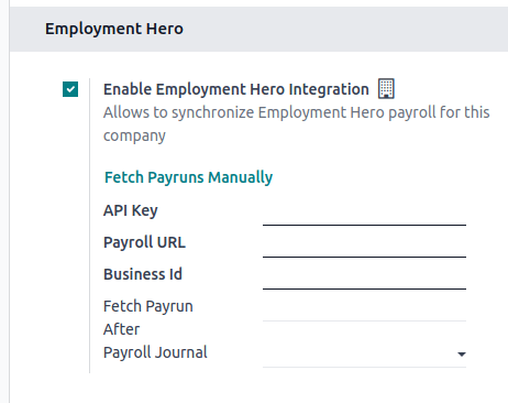 Odoo会計でEmployment Heroの統合を有効にすると、設定に新しいフィールドが表示されます。 設定