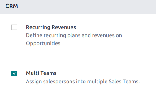 複数チーム設定が有効になっている CRM アプリの設定ページ