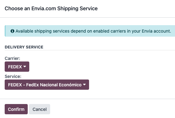 Envia.comの配送業者とサービスに関するポップアップ