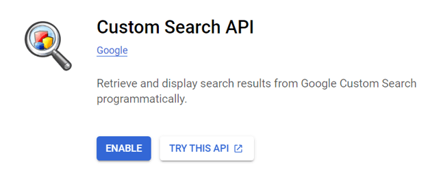 Google Cloud Platformの "有効化"ボタンがハイライトされた "カスタム検索API "ページ。
