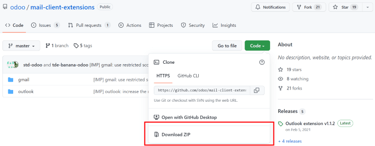 OdooのGitHubリポジトリからメールプラグイン用のZIPファイルをダウンロードします。
