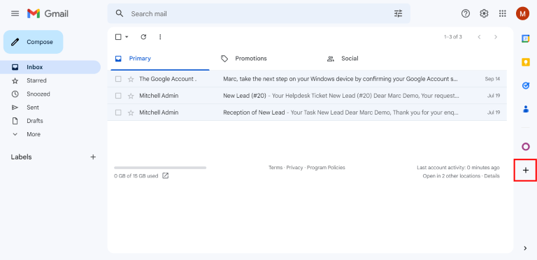 Gmailの受信トレイサイドバーにあるプラス記号のアイコン。