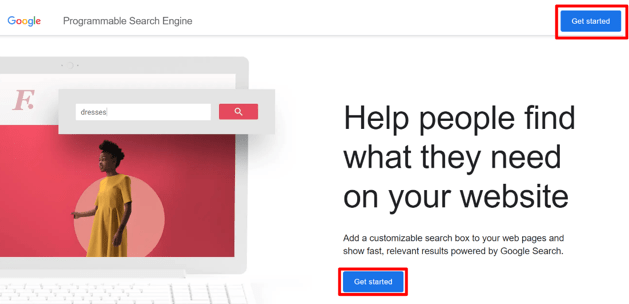 Googleプログラム可能な検索エンジンページと開始するボタン