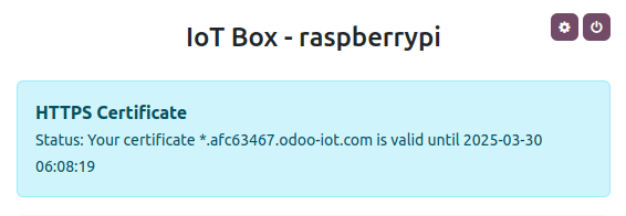 HTTPS 証明書の有効期限が記載された IoT Box ホームページ。