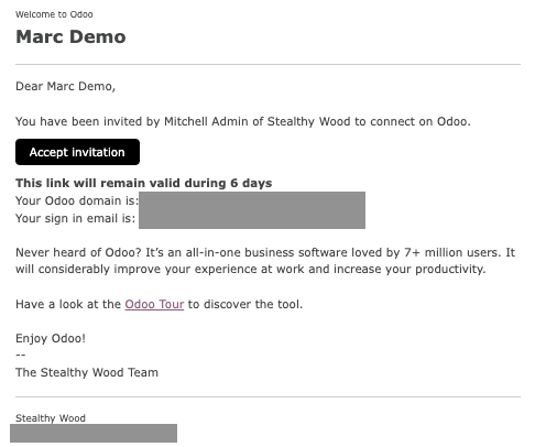 Odooで招待メールが送信されたことを通知するユーザフォームビュー