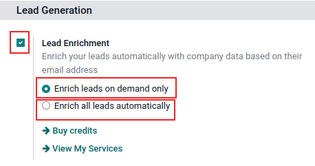 CRM リード生成設定ページで、リードエンリッチメントの有効化が強調表示され、 オンデマンドでのリードのエンリッチメントのみが選択されています。