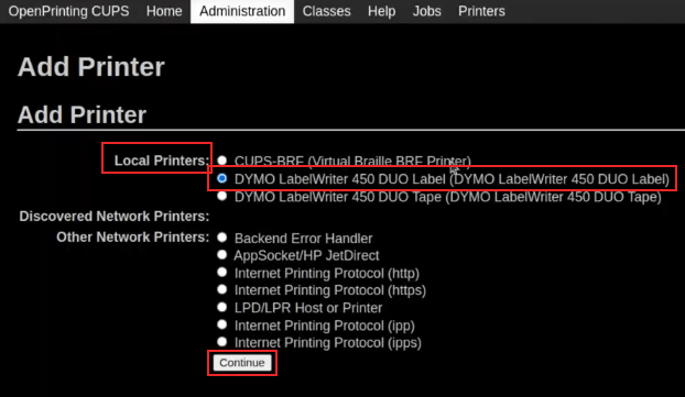 OpenPrinting CUPS の「プリンター追加」画面で、DYMO LabelWriter 450 DUO Label がハイライト (選択)された状態