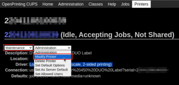 DYMO LabelWriterのメーカーとモデルを変更します。 Maintenance and Modify dropdown(メンテナンスと変更)ドロップダウン メニューが強調表示されます。