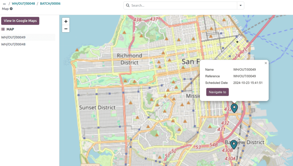 Odooで配送オーダ情報を表示した地図を表示します。