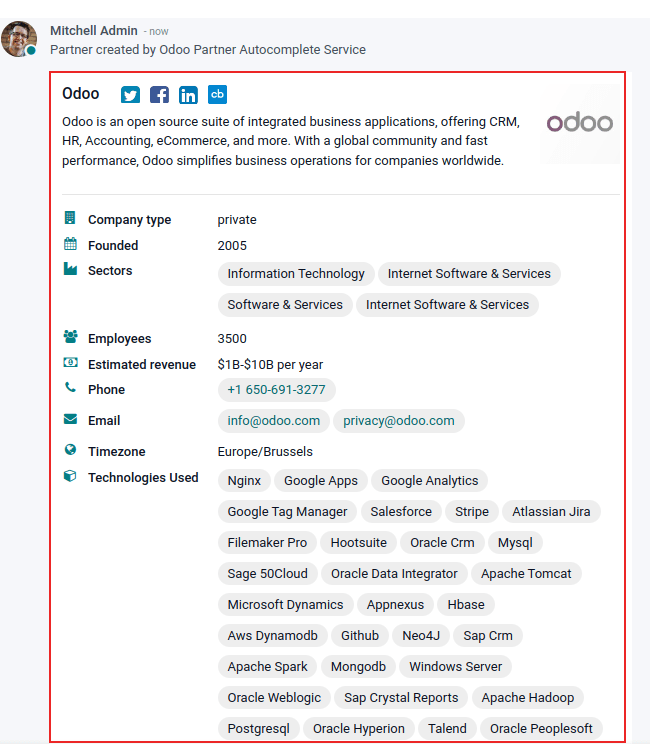 odooの自動入力オプションで表示されるOdooに関する情報のビュー
