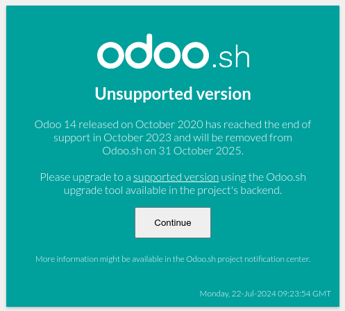 Odoo.shの "サポートされていないバージョンです" のポップアップ