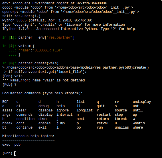 Odoo.shシェルで ``pdb`` が実行されている様子を示すコンソール画面のスクリーンショット。