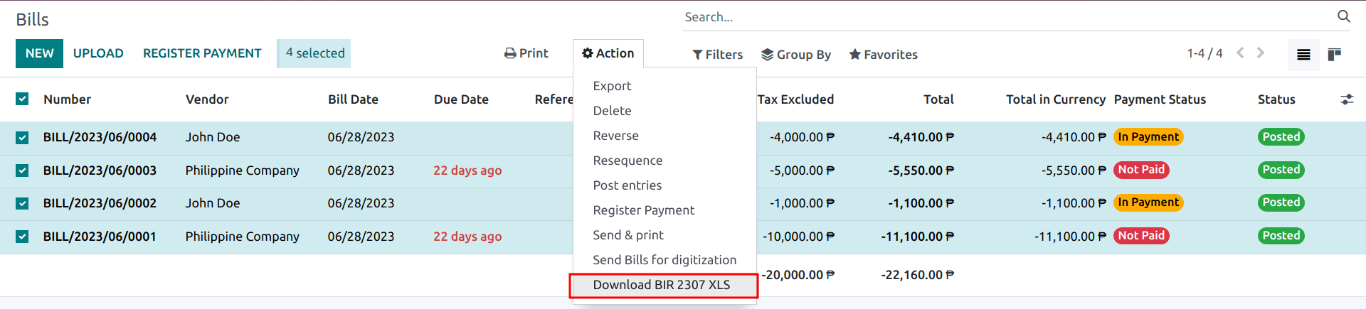 複数の仕入先請求書を選択し、"BIR 2307 XLSをダウンロード "するアクション。