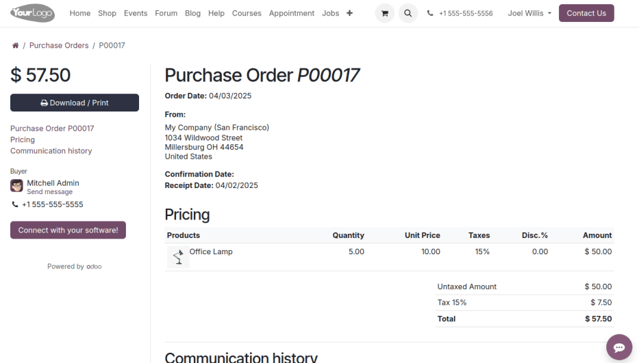 購買オーダのポータルビュー、「自社のシステムと連携」ボタンが表示されています。