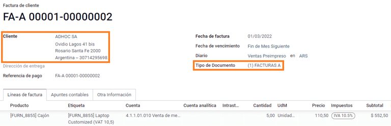 顧客に対する請求書 IVA Responsable Inscripto, プレフィクスA.