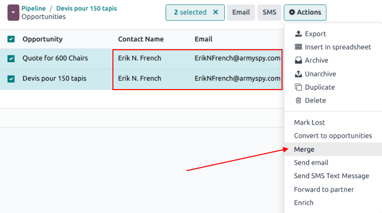 CRM アプリでマージ対象として選択された、類似リードおよび案件のリスト