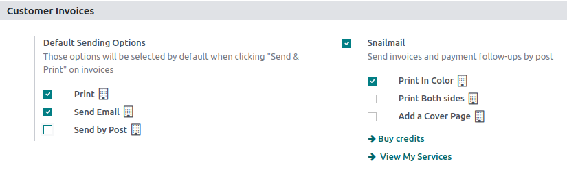 設定でOdoo会計のSnailmail機能を有効にします
