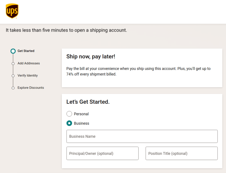 UPSのフォームを表示し、会社の配送情報を入力します。
