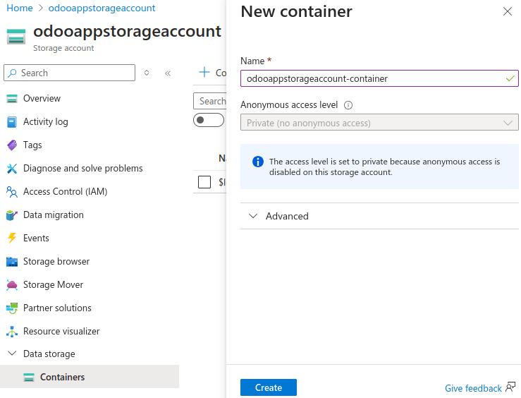 Microsoft Azureストレージコンテナーを作成する
